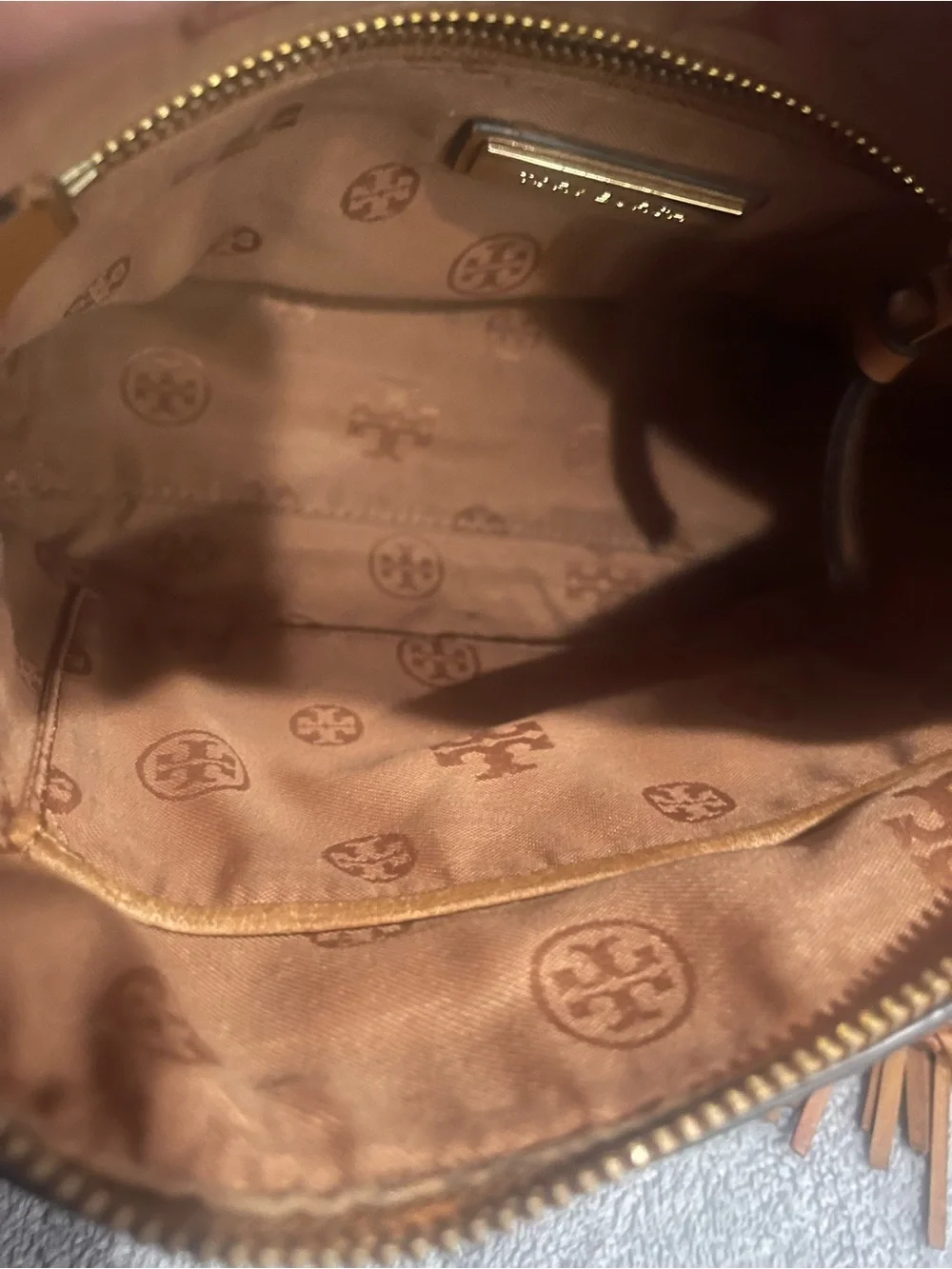 Tory Burch Tan Pebbled Leather Crossbody with Tassel